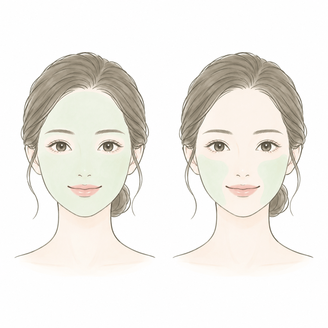 全顔の保湿と部分的な保湿を比較するイラスト